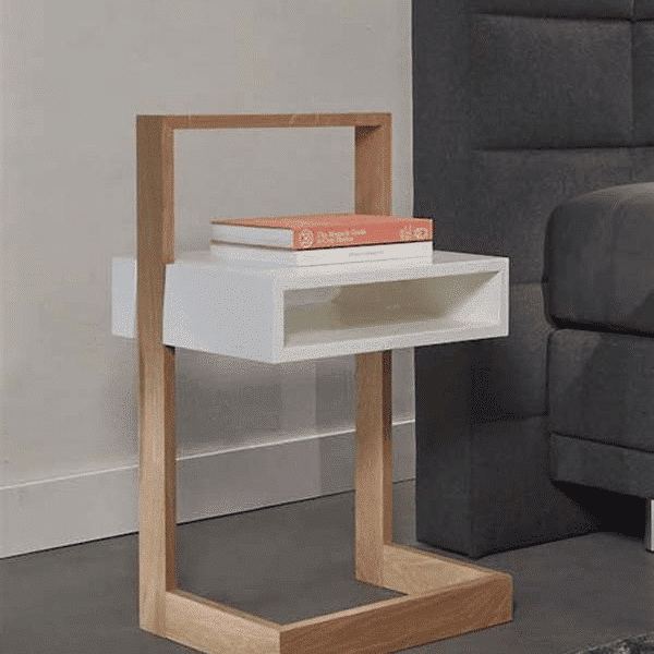 میز کنار تخت مدرن با پایه چوبی و باکس شناور رنگی – مدل آوان رنگ سفید