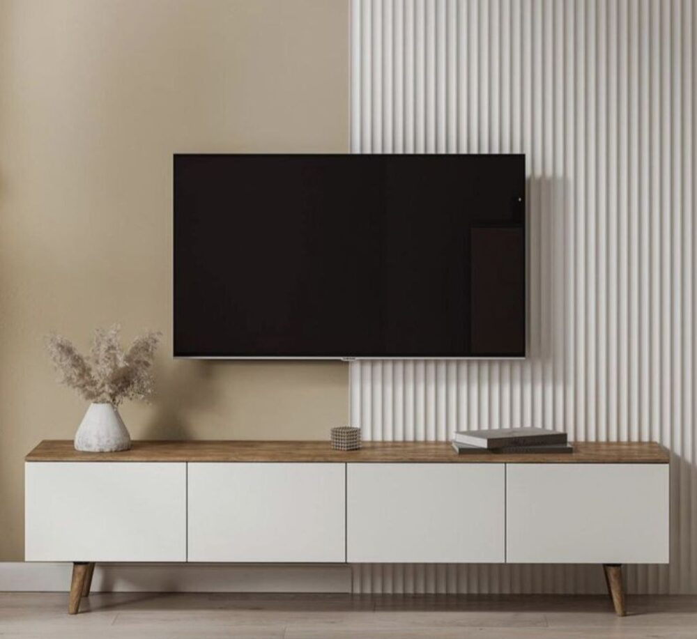 میز تلویزیون مدرن سفید با صفحه گردویی و ۴ کشوی مگنتی – مدل هوندا