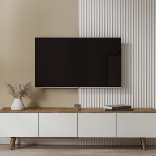 میز تلویزیون مدرن سفید با صفحه گردویی و ۴ کشوی مگنتی – مدل هوندا