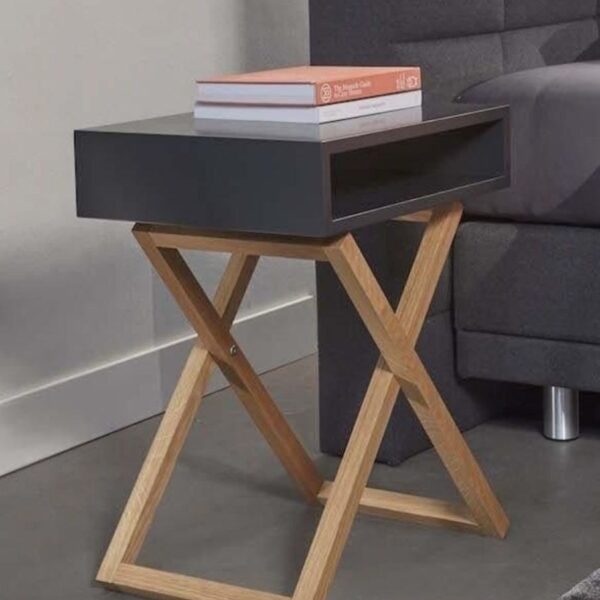 میز کنار تخت با پایه چوبی ضربدری و باکس رنگی MDF – مدل ریوا-رنگ مشکی