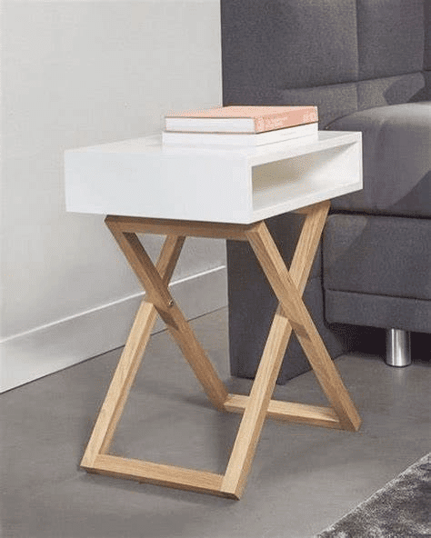 میز کنار تخت با پایه چوبی ضربدری و باکس رنگی MDF – مدل ریوا-رنگ سفید